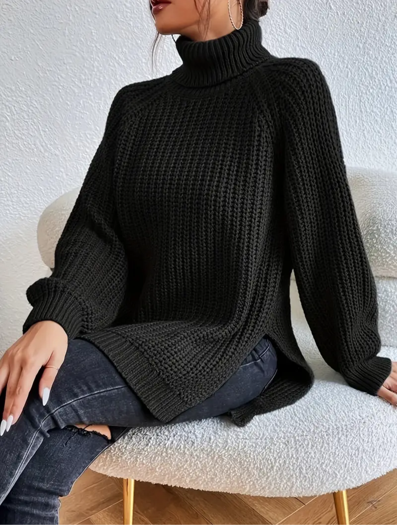 Weicher Strickpullover für Damen mit Rollkragen und langer Passform