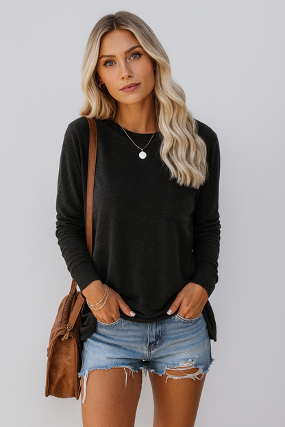 Lang geschnittenes Damen Langarmshirt mit Rundhalsausschnitt