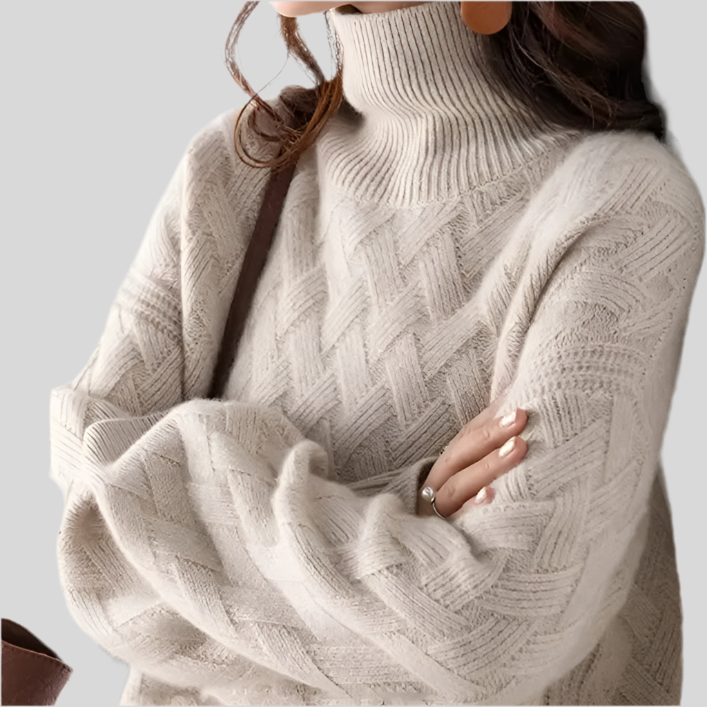Damen Strickpullover mit Zopfmuster und hohem Kragen