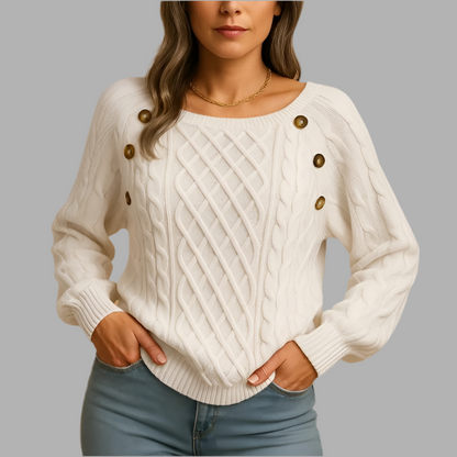 Damenpullover mit Zopfmuster und Knopfdetails