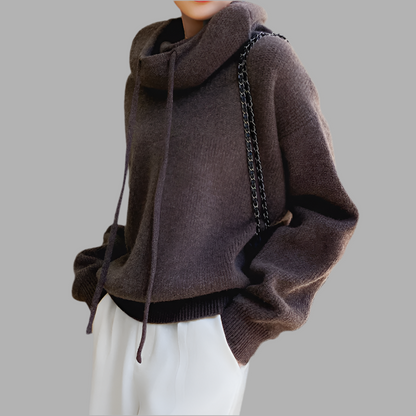 Damen Strickpullover mit Rollkragen und Kordelzug