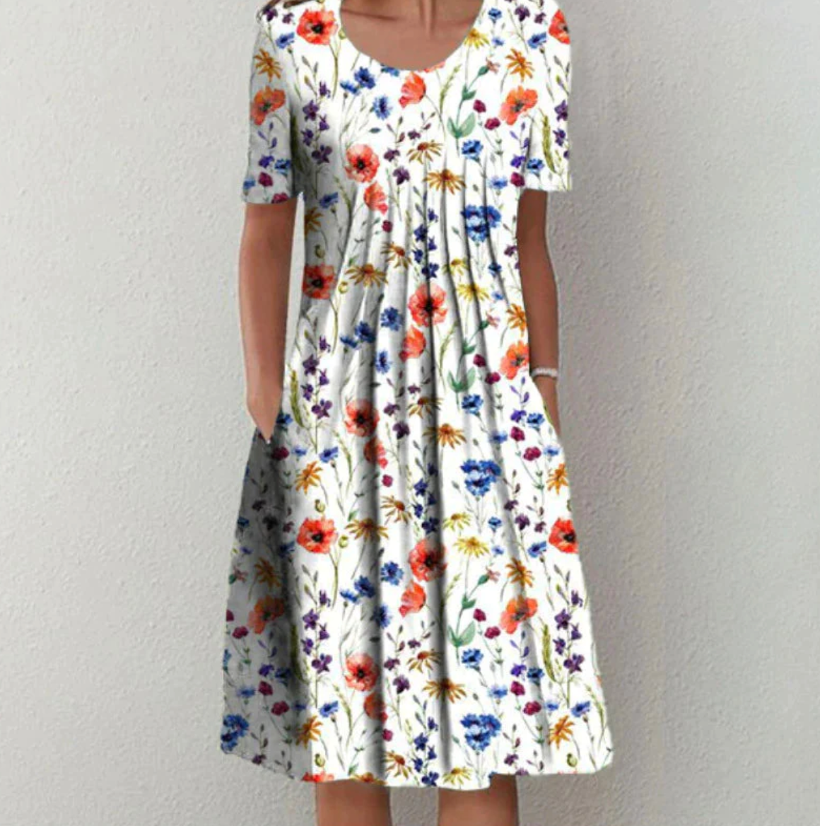 Knielanges Damenkleid mit Muster und V-Ausschnitt