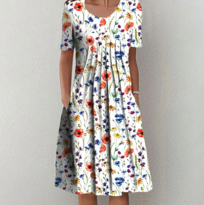 Knielanges Damenkleid mit Muster und V-Ausschnitt