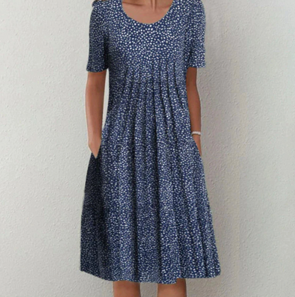 Knielanges Damenkleid mit Muster und V-Ausschnitt