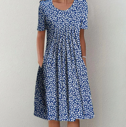 Knielanges Damenkleid mit Muster und V-Ausschnitt