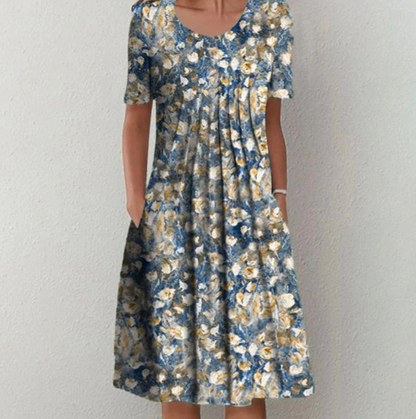Knielanges Damenkleid mit Muster und V-Ausschnitt