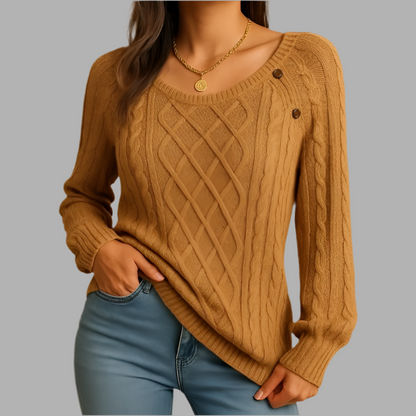 Damenpullover mit Zopfmuster und Knopfdetails