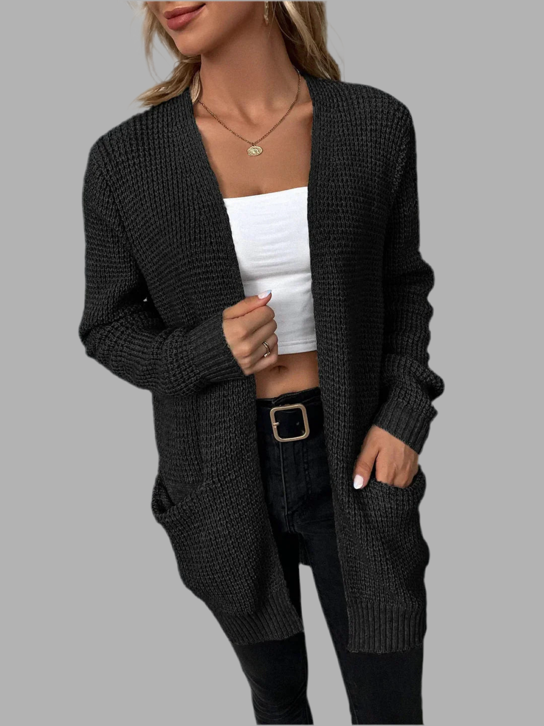 Lange Damen Strickjacke mit Taschen | Warm