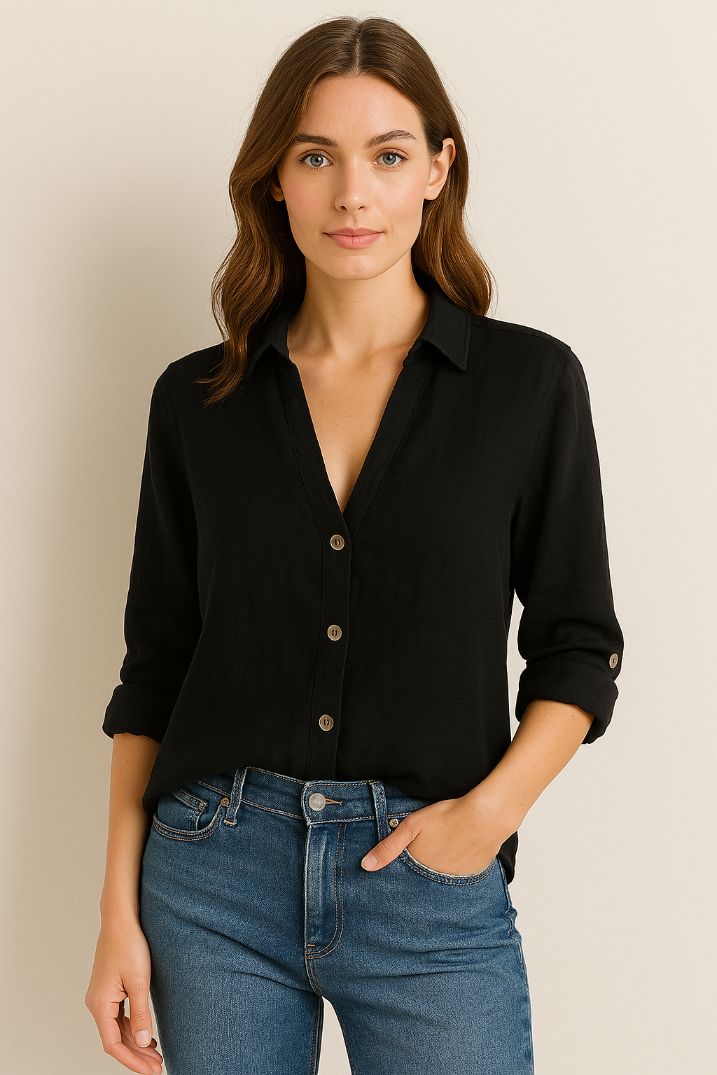 Locker geschnittene Bluse mit Kragen und Knopfleiste