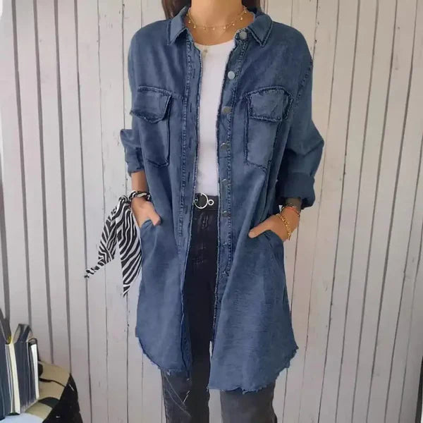 Damen Jeansjacke Langschnitt mit Brusttaschen