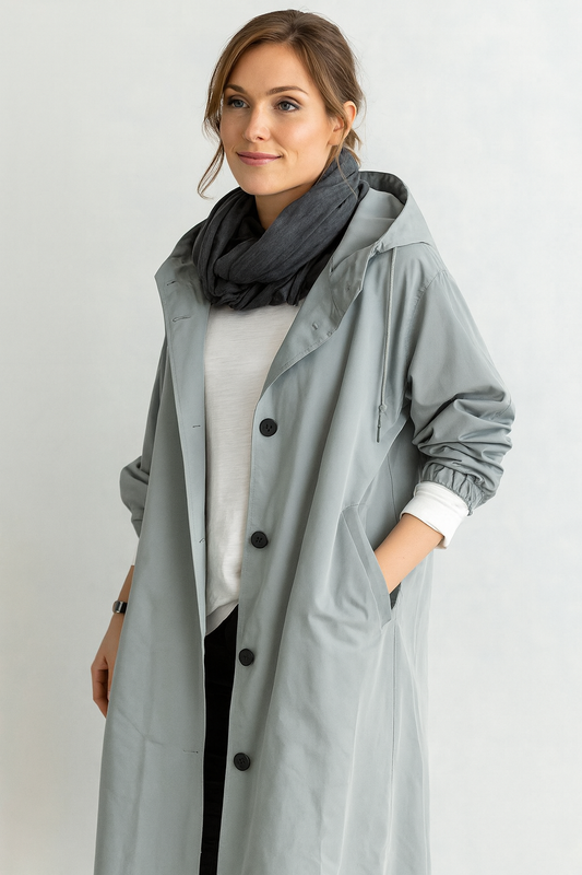 Lange Jacke für Damen mit Kapuze und Knopfleiste