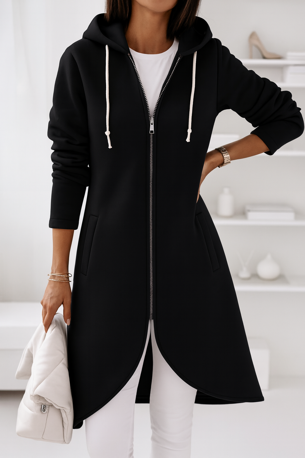 Damen Kapuzen-Sweatjacke lang mit Reißverschluss und Taschen