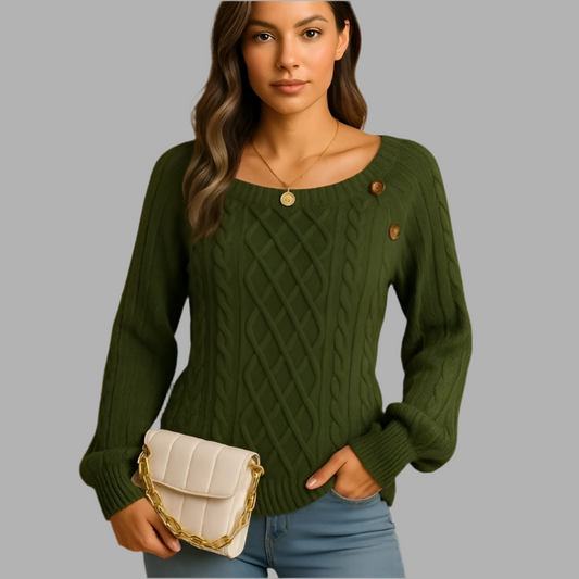 Damenpullover mit Zopfmuster und Knopfdetails