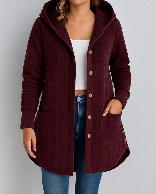 Stilvoller Strickmantel für Damen mit Kapuze und Knopfleiste