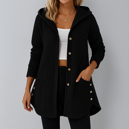 Stilvoller Strickmantel für Damen mit Kapuze und Knopfleiste