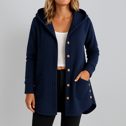 Stilvoller Strickmantel für Damen mit Kapuze und Knopfleiste