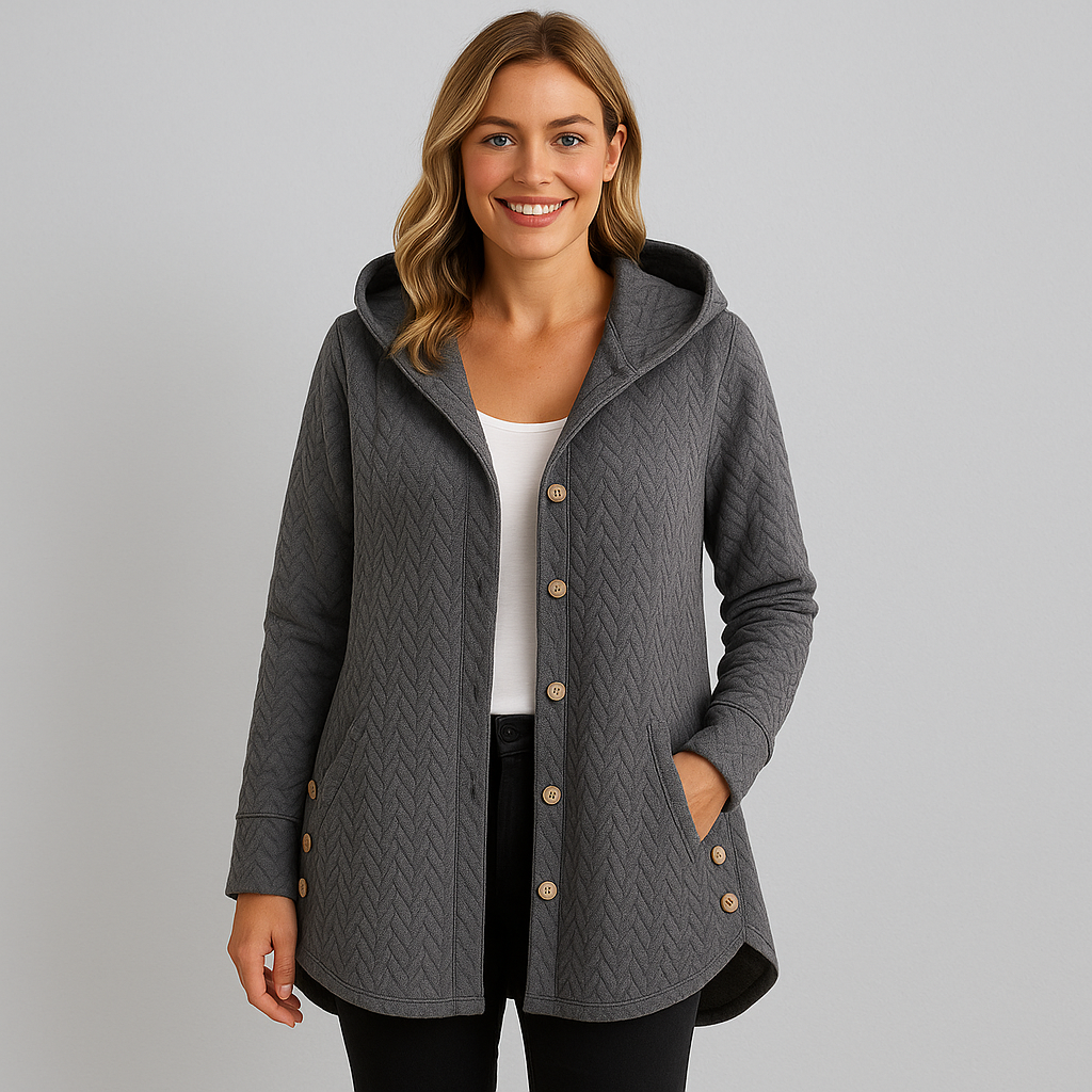 Stilvoller Strickmantel für Damen mit Kapuze und Knopfleiste