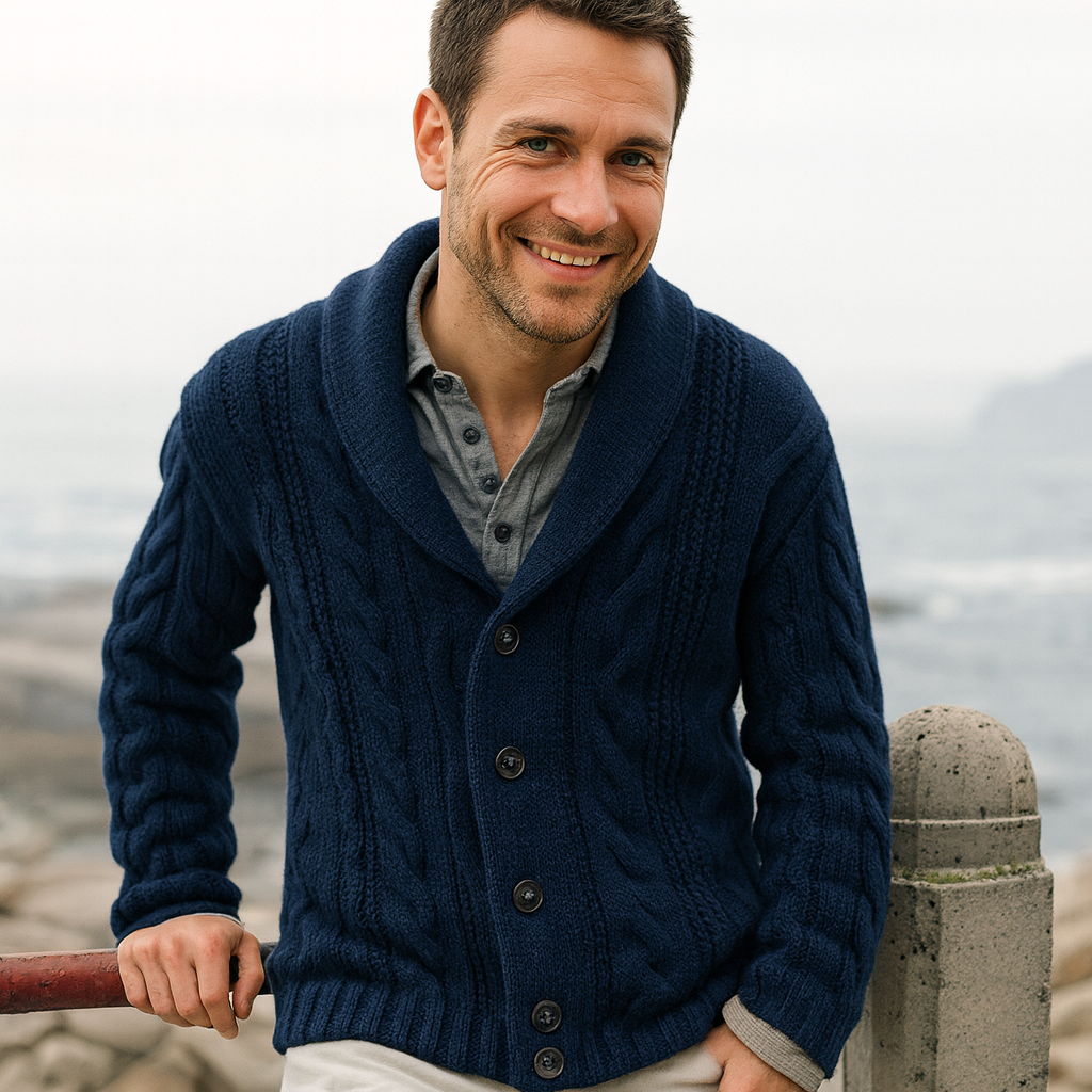 Herren Strickjacke mit Schalkragen und Zopfmuster