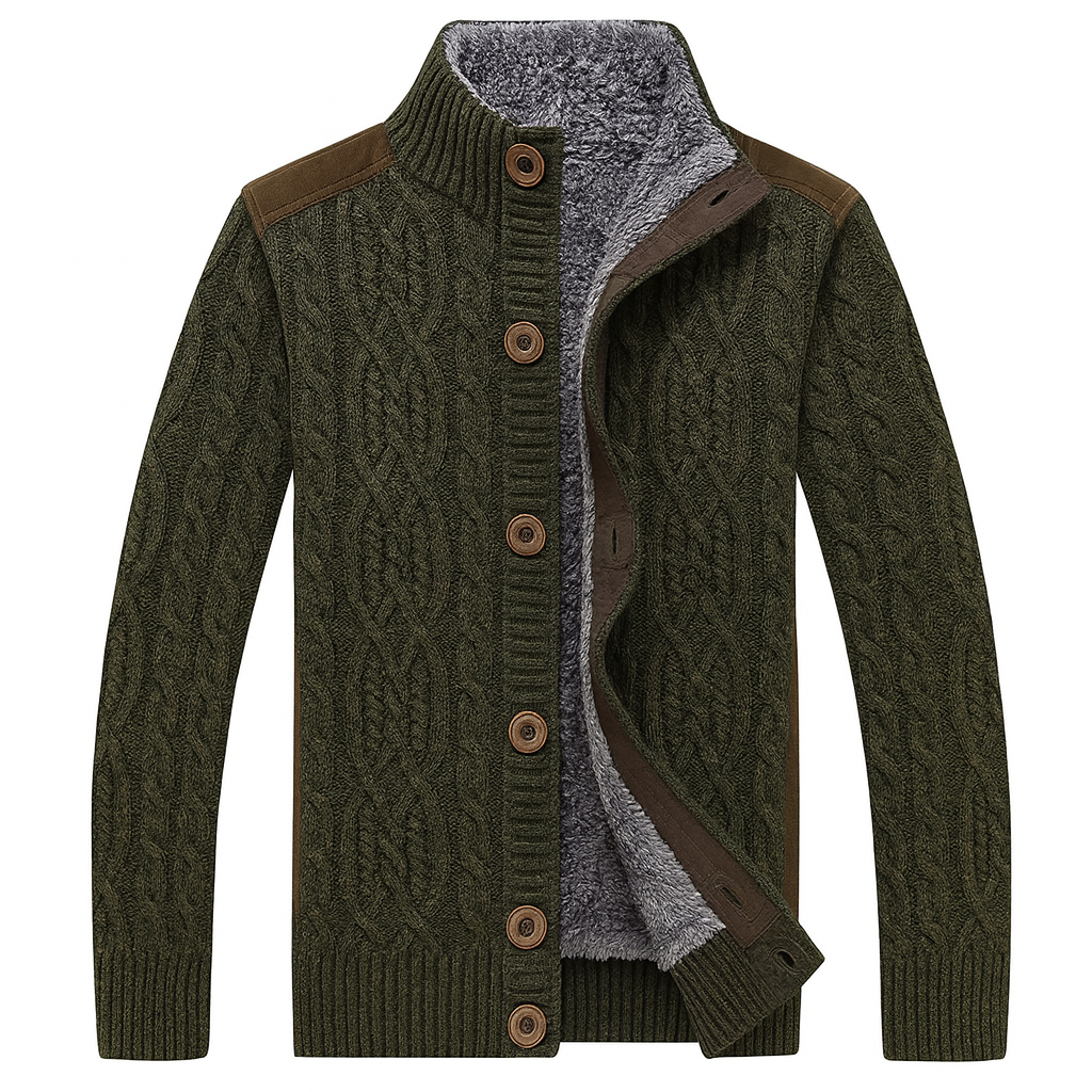 Herren Strickjacke mit Zopfmuster und Stehkragen