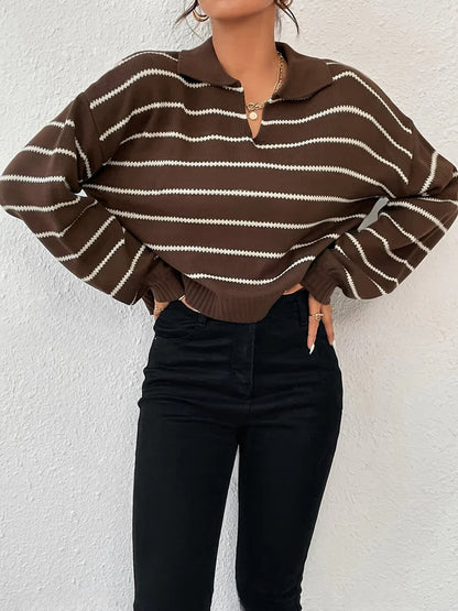 Gestreifter Damen Strickpullover mit V-Ausschnitt