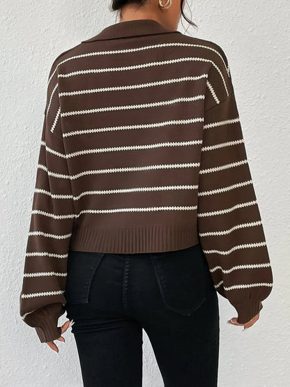 Gestreifter Damen Strickpullover mit V-Ausschnitt