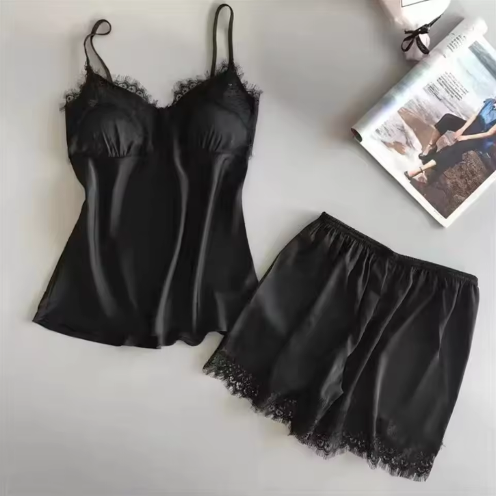 Damen-Nachtwäsche-Set mit Top und Short, verziert mit Spitze