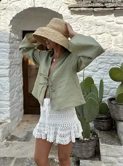 Lockere Damen Bluse mit Schnürung und langen Ärmeln