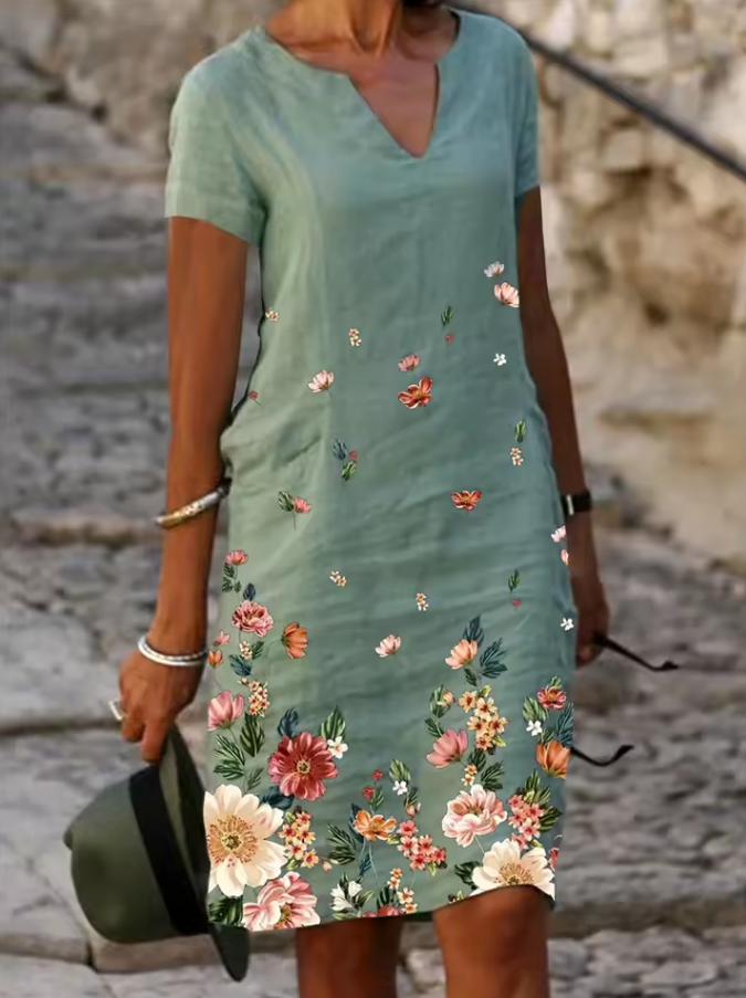 Knielanges Kleid mit V-Ausschnitt und floralen Details