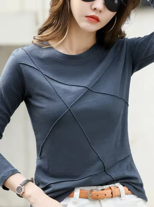 Damen-Langarmshirt mit Rundhalsausschnitt und Ziernähten