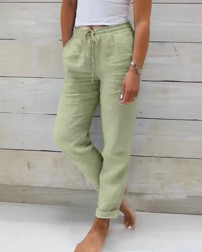 Locker geschnittene Leinen Hose für Damen mit elastischem Bund