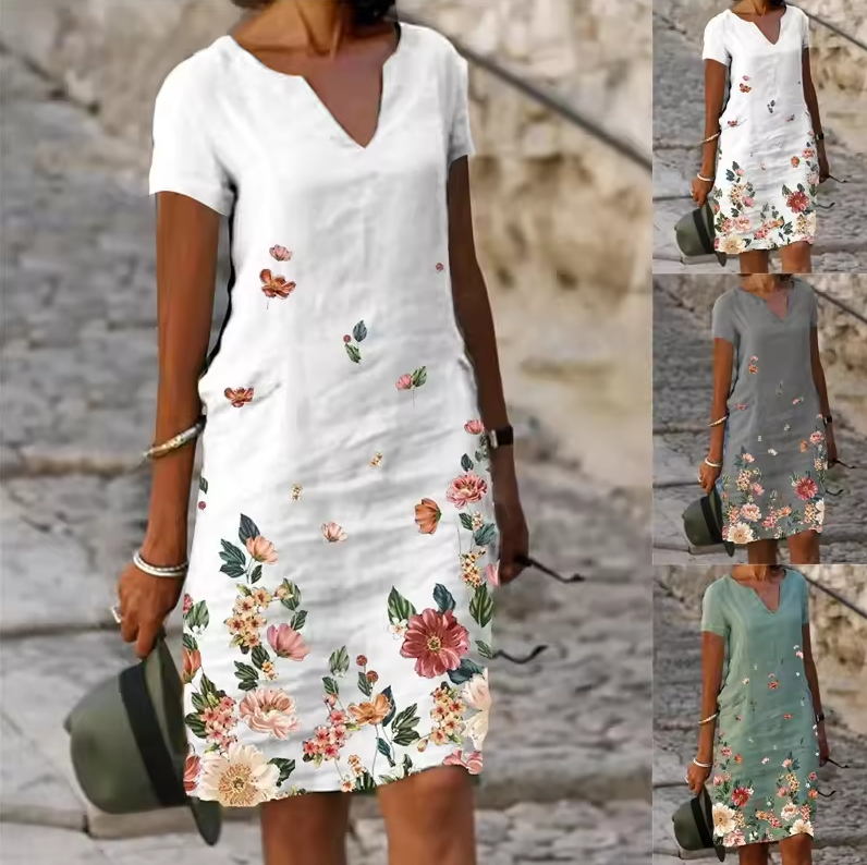 Knielanges Kleid mit V-Ausschnitt und floralen Details