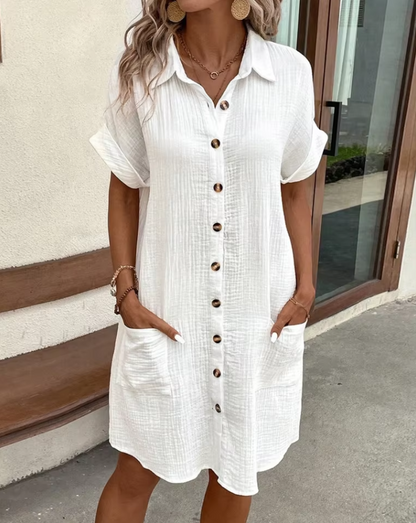 Langes Kurzärmliges Kleid für Damen mit Knopfleiste