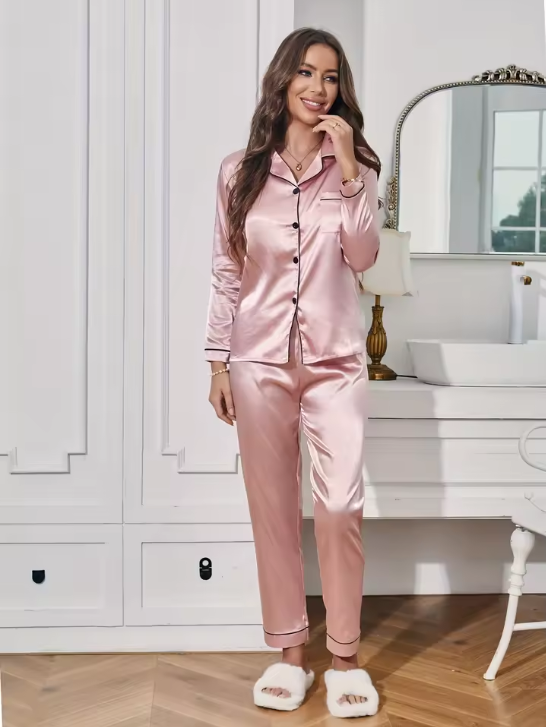 Damen-Pyjama-Set aus satinartigem Material mit Oberteil und langer Hose