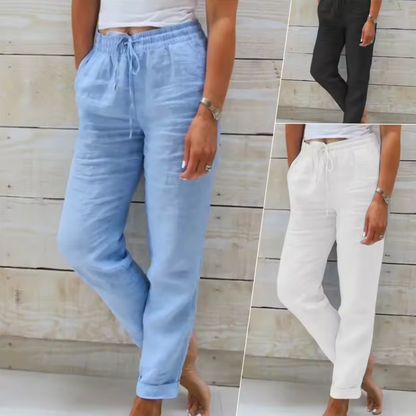 Locker geschnittene Leinen Hose für Damen mit elastischem Bund