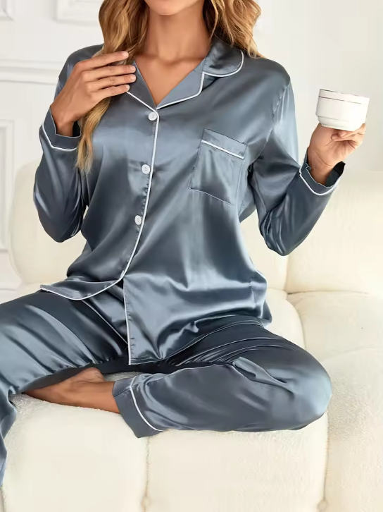 Damen-Pyjama-Set aus satinartigem Material mit Oberteil und langer Hose