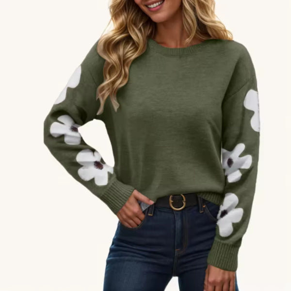 Damen Strickpullover mit Blumenmuster an den Ärmeln