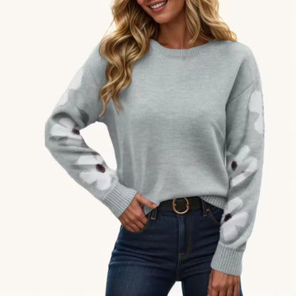 Damen Strickpullover mit Blumenmuster an den Ärmeln