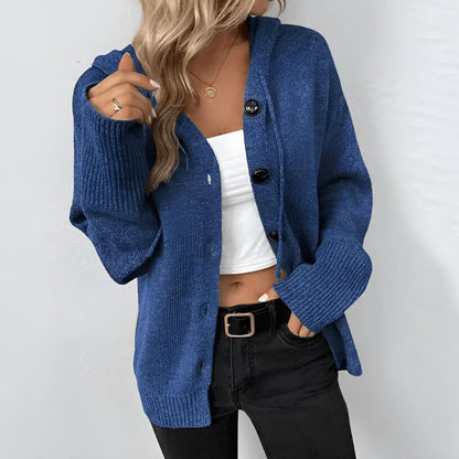 Damen lange Strickjacke mit Kapuze und Knopfleiste