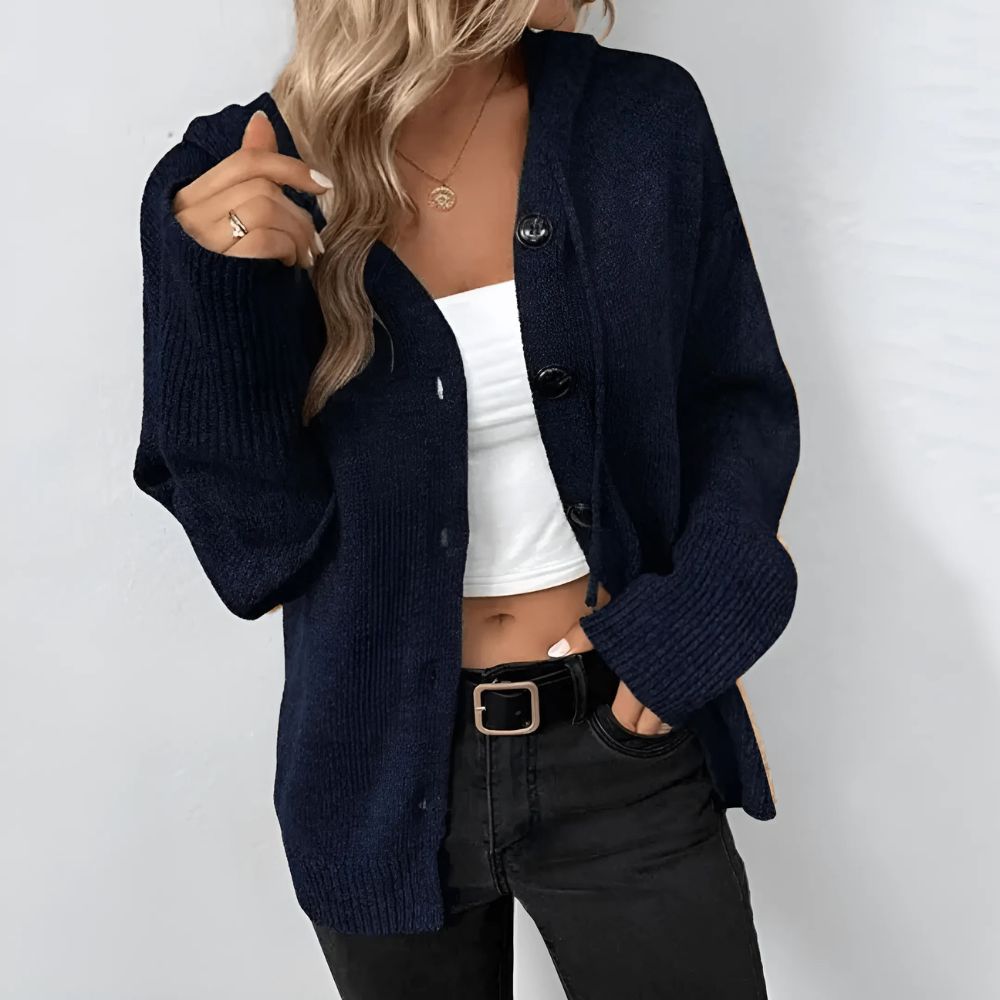 Damen lange Strickjacke mit Kapuze und Knopfleiste