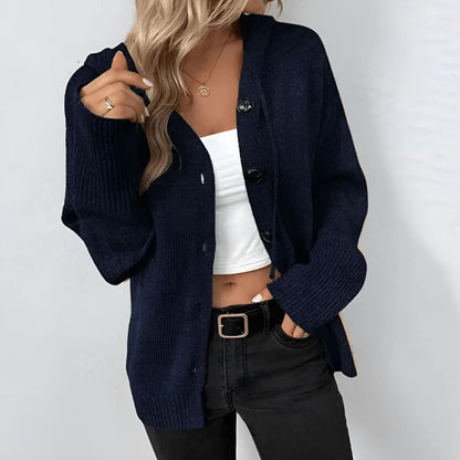 Damen lange Strickjacke mit Kapuze und Knopfleiste