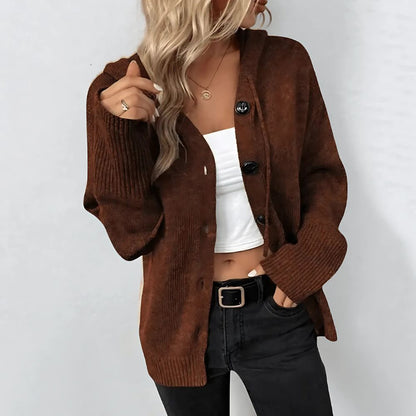 Damen lange Strickjacke mit Kapuze und Knopfleiste