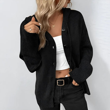 Damen lange Strickjacke mit Kapuze und Knopfleiste