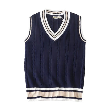 Ärmelloser Herren Strickpullover mit V-Ausschnitt und Streifendetails