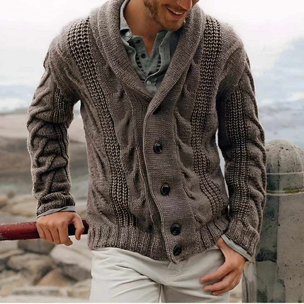 Herren Strickjacke mit Schalkragen und Zopfmuster