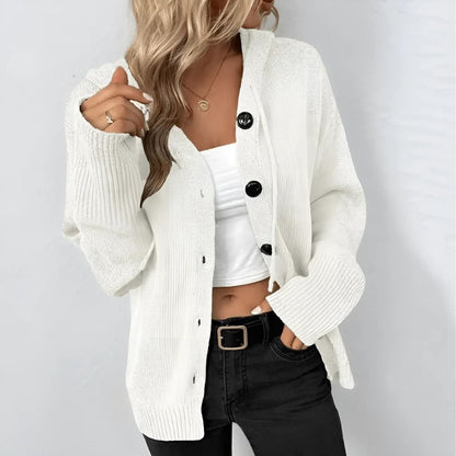 Damen lange Strickjacke mit Kapuze und Knopfleiste