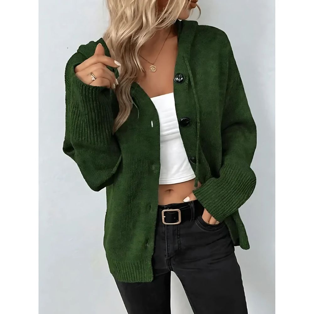 Damen lange Strickjacke mit Kapuze und Knopfleiste