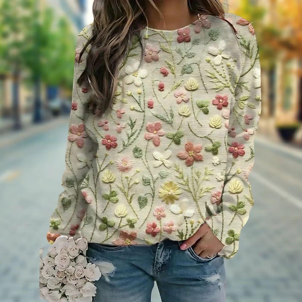Damen Pullover mit besticktem Blumenmuster | Lässig