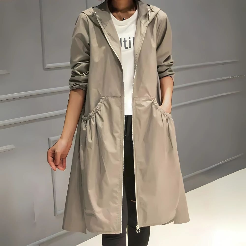 Leichter Regenjacke für Damen mit Kapuze | Lange Übergangsjacke