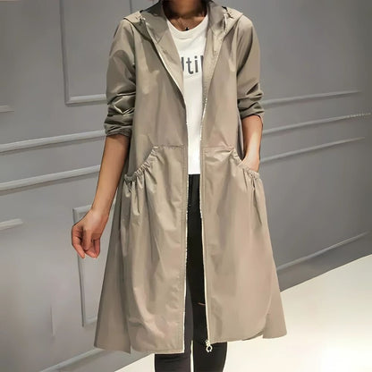 Leichter Regenjacke für Damen mit Kapuze | Lange Übergangsjacke