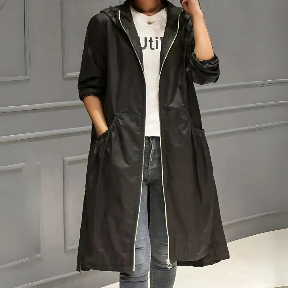 Leichter Regenjacke für Damen mit Kapuze | Lange Übergangsjacke